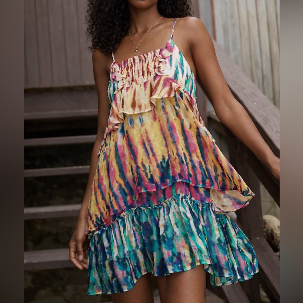 Anthropologie Tiered Ruffle Dress Multicolor Watercolor Dress Spring - Size L
